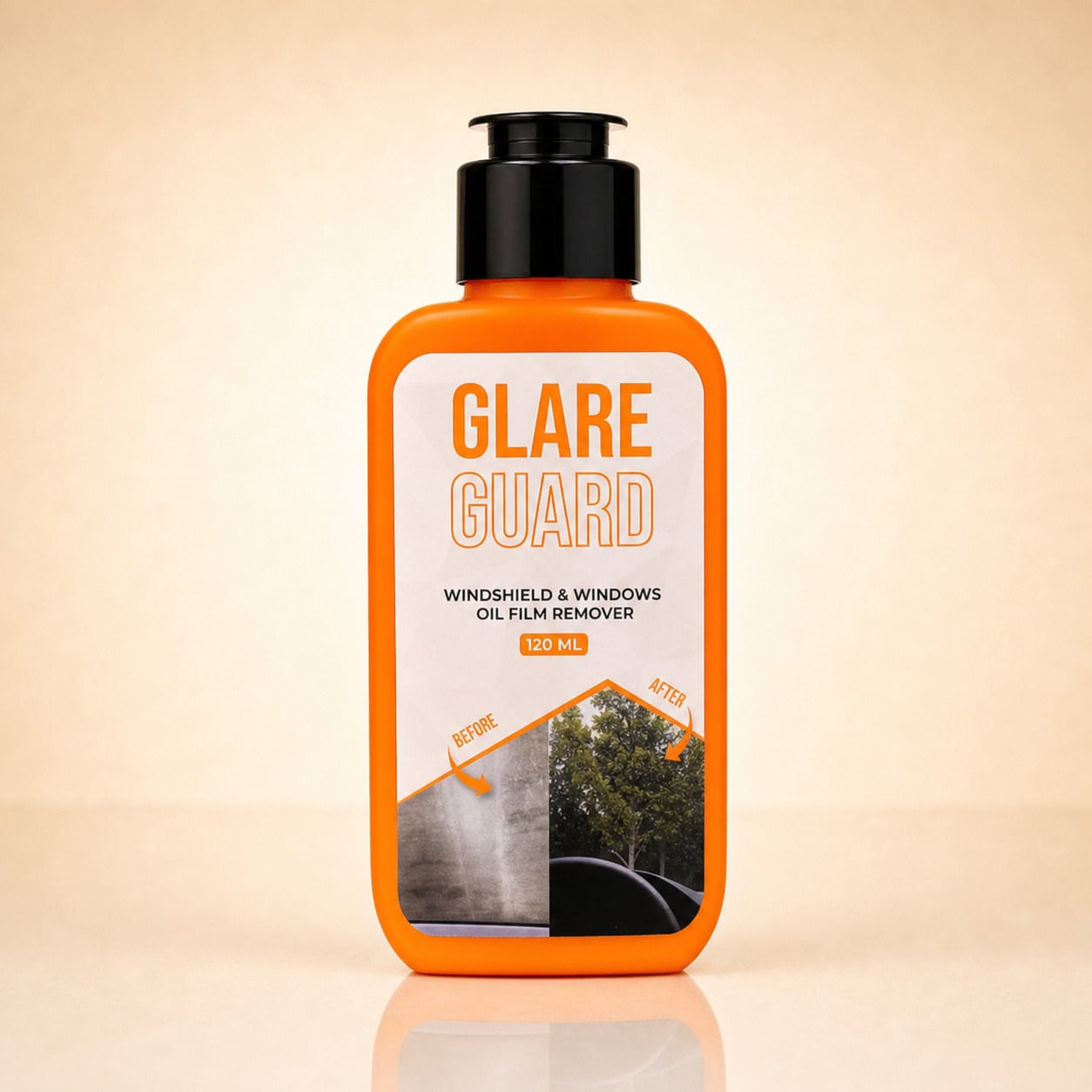 Crystal Clarity Glass Oil Film Remover on a warm reflective studio background