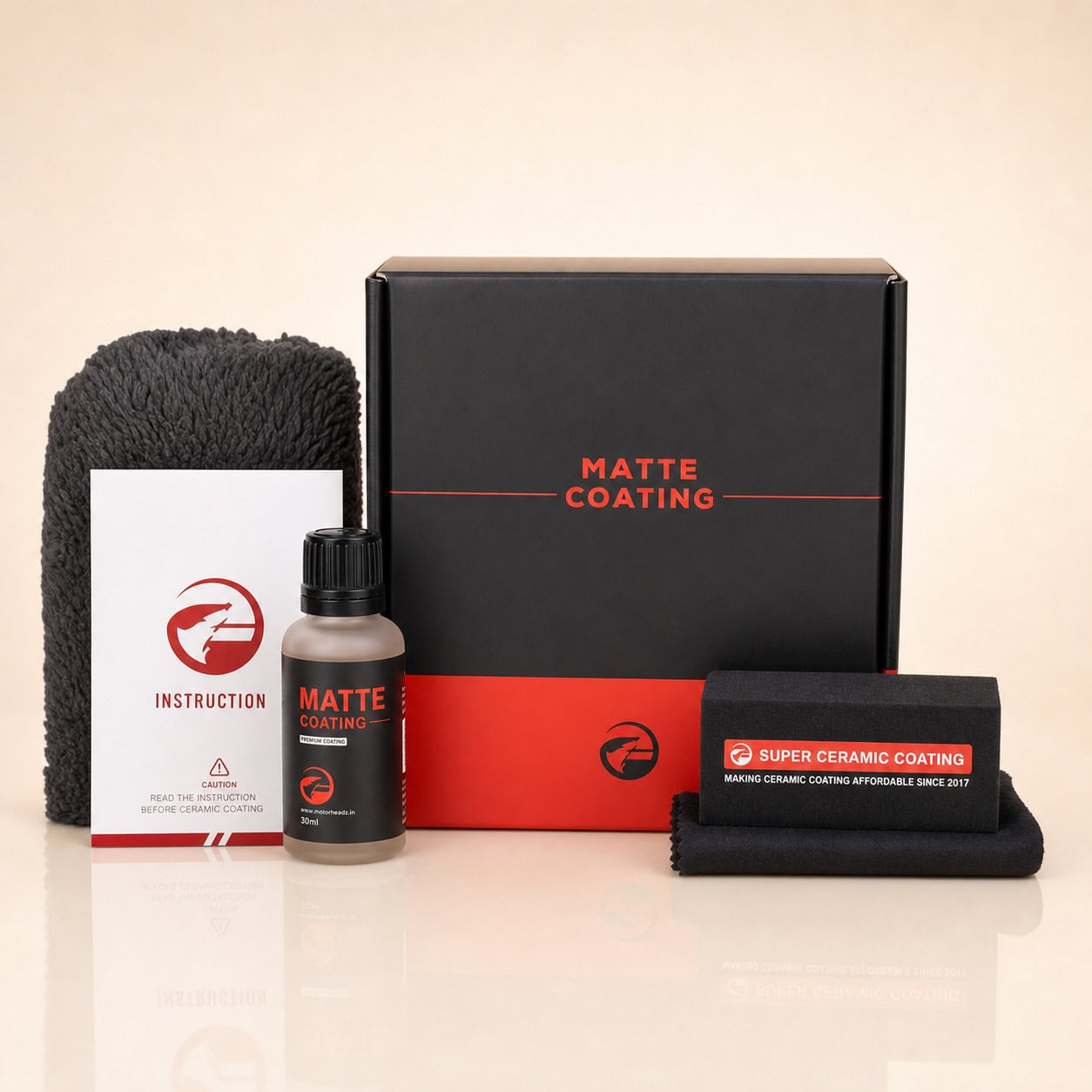 Matte Ceramic Coating DIY Kit on a warm reflective studio background
