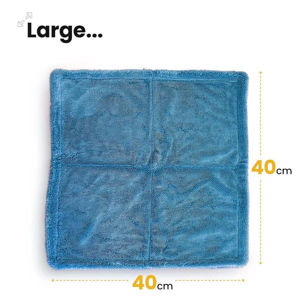 Blue twisted loop microfiber towel size comparison showing large format for full car drying