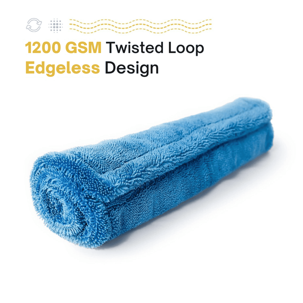 Blue twisted loop microfiber drying towel 1200 GSM showing thick pile for scratch-free drying