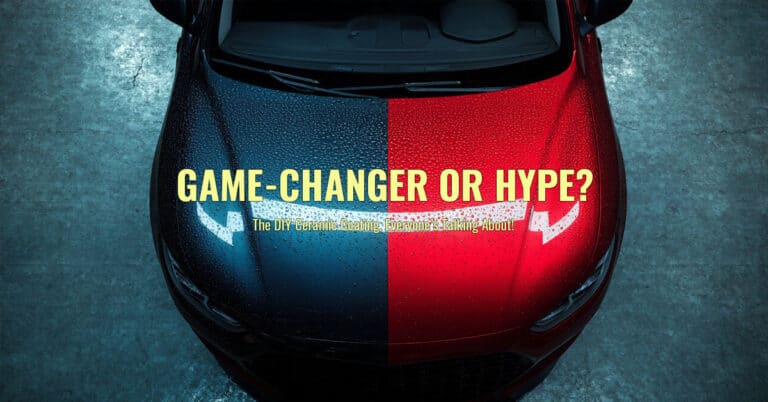 Highly reflective car hood with blue and red halves, water droplets, and bold text asking "Game-Changer or Hype?" about DIY ceramic coating, emphasizing durability and car protection benefits.