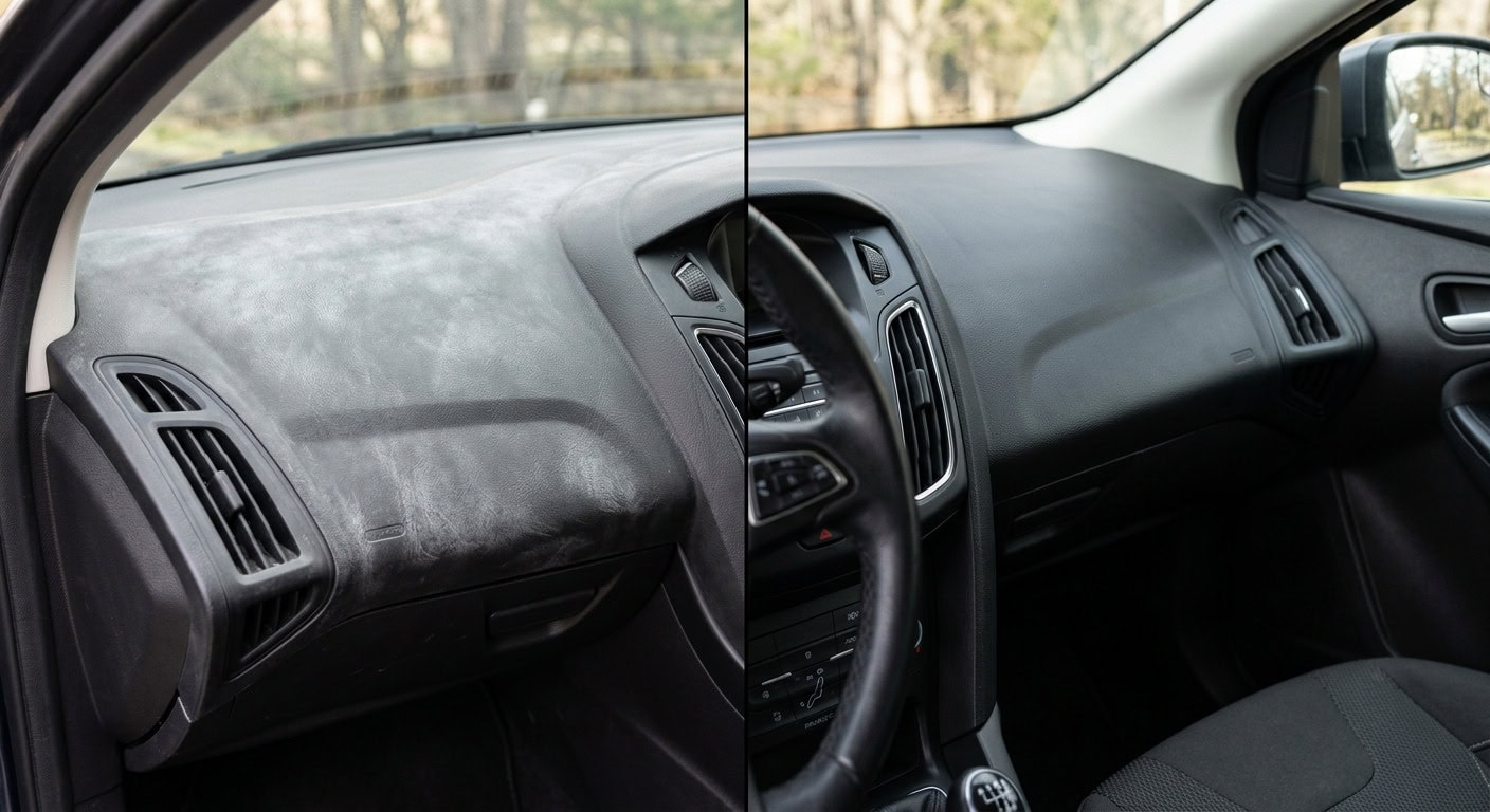 Before and after comparison of car dashboard plastic trim — faded vs ceramic coated