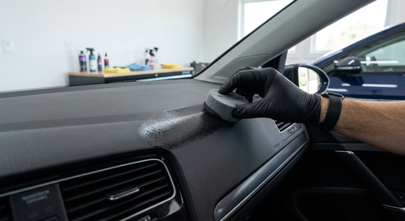 DIY application of interior ceramic coating on car dashboard plastic trim with foam applicator