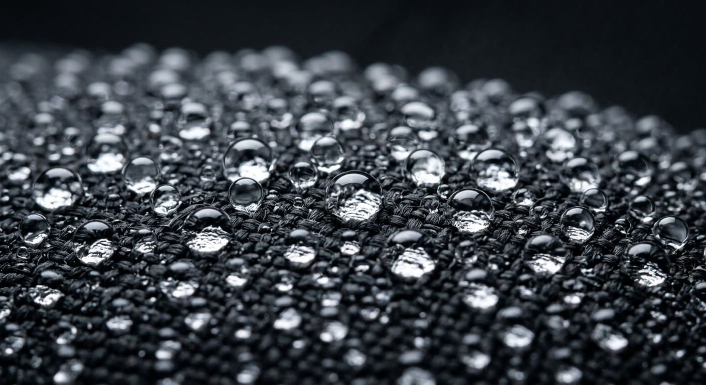 Water droplets beading on ceramic coated car seat fabric showing hydrophobic effect