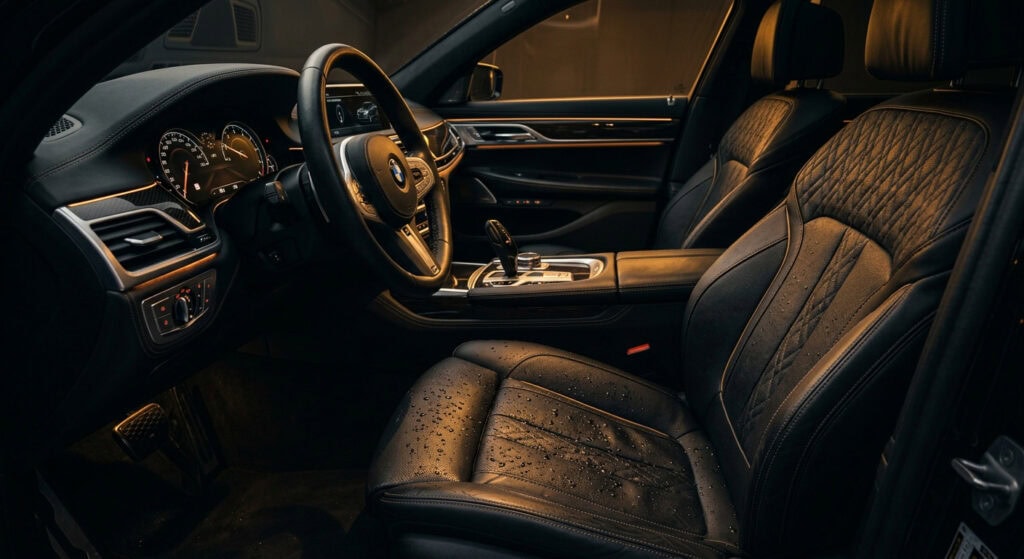Car interior ceramic coating protection — hydrophobic beading effect on dark leather seats
