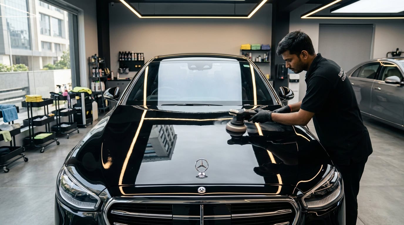 Detailer machine-buffing a dark-coloured car panel under workshop lights