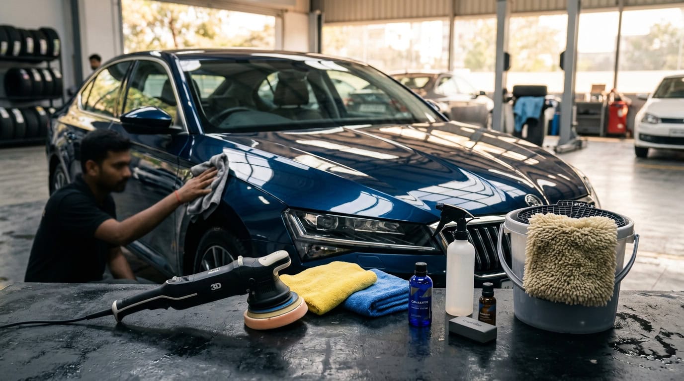 A neatly arranged home car detailing kit with buckets, microfiber towels, brushes and bottles beside a clean car