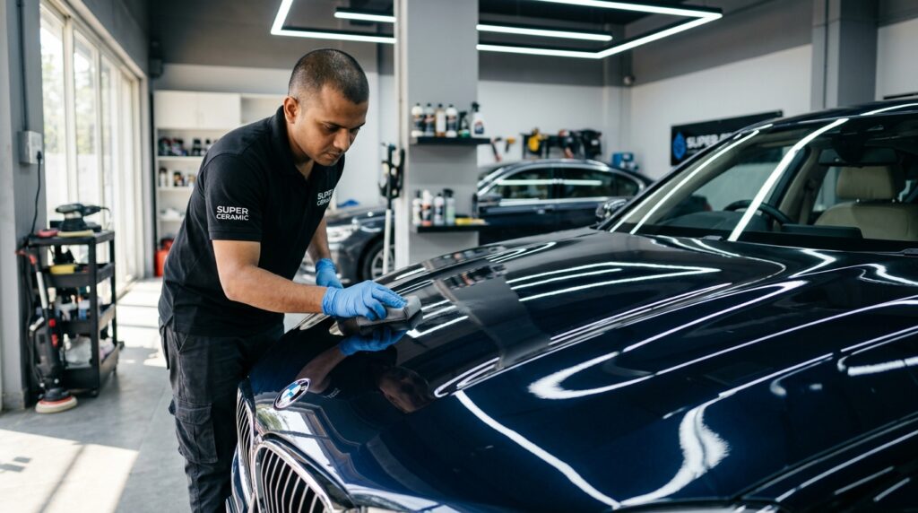 A clean, glossy car being carefully detailed by hand in an Indian home setting