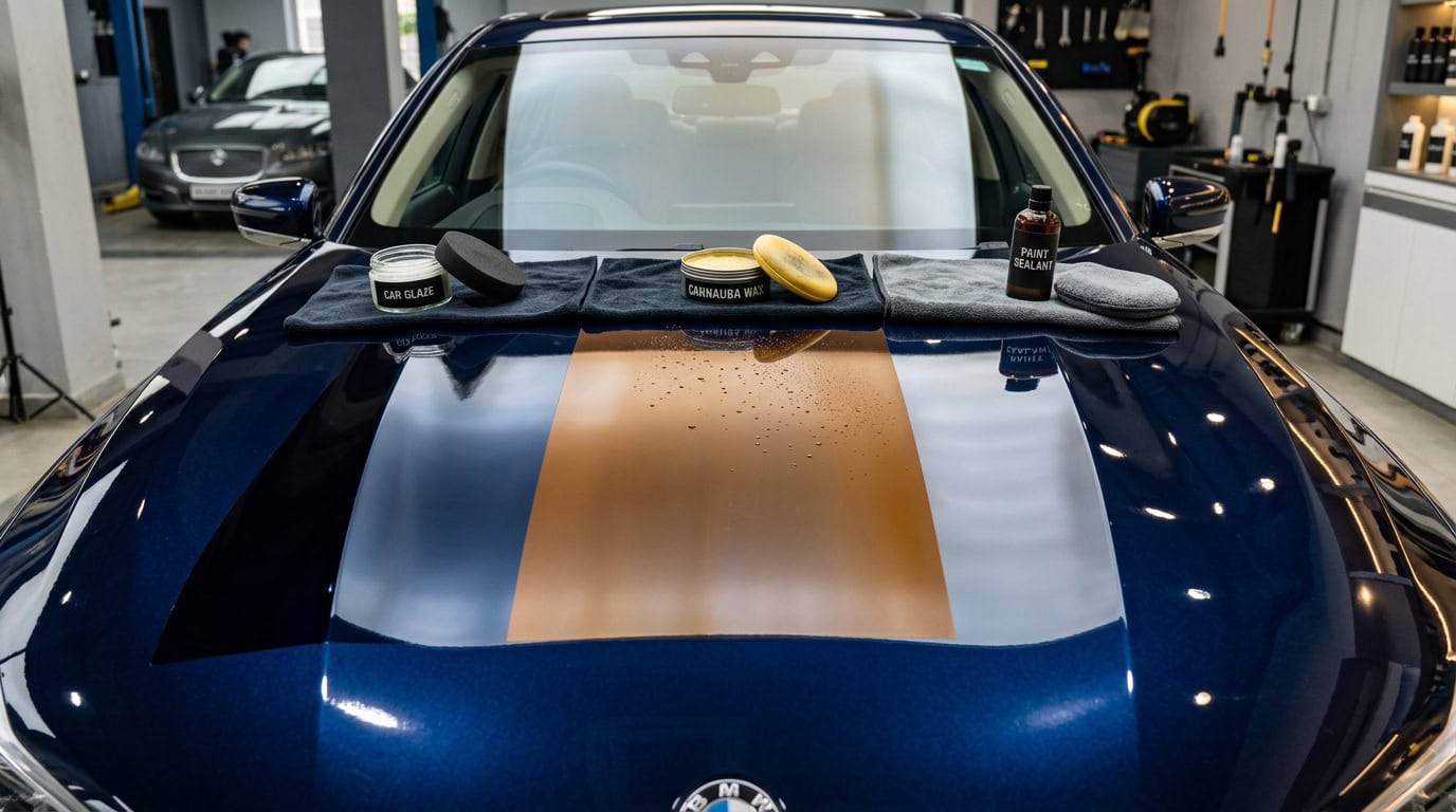 Three detailing products labelled glaze, wax, and sealant beside a polished car panel