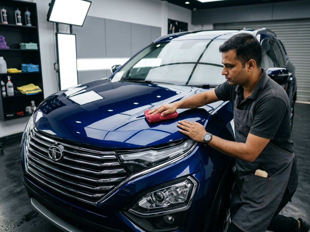 Reflective silver car paint protected with synthetic sealant under daylight