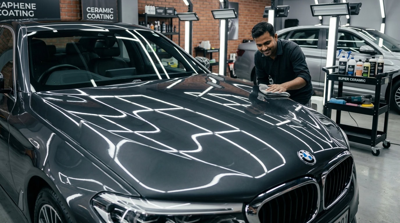 Side-by-side comparison of a coated car bonnet showing ceramic and graphene protection under Indian sunlight.
