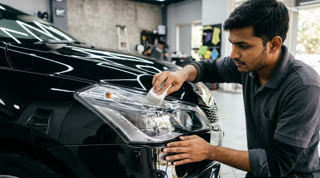 A restored headlight lens receiving UV sealant from a detailing applicator cloth.