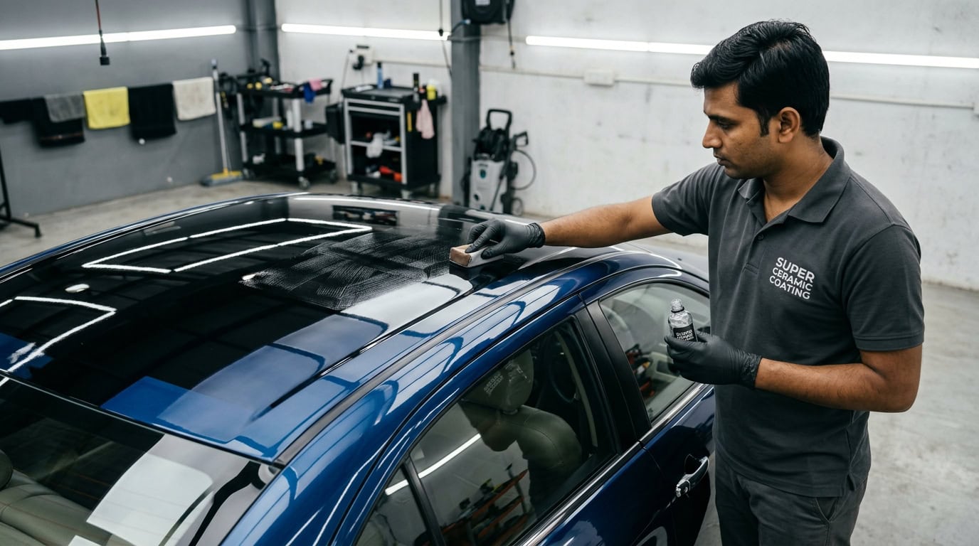 A detailer applying ceramic coating to a car panel indoors with applicator and microfiber towels