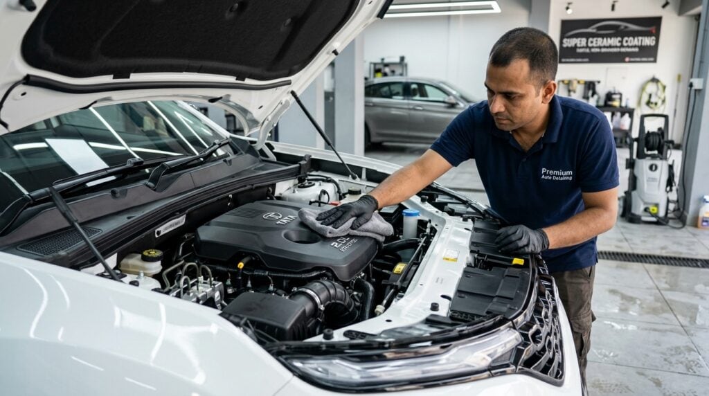 A clean engine bay of an SUV with detailing brushes and microfiber towels beside it.