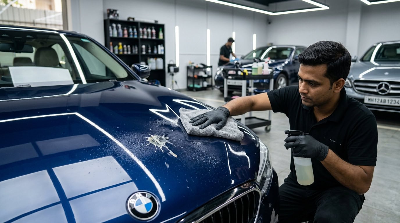 Microfiber cloth softening bird droppings on a car bonnet before safe removal