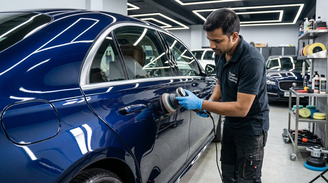 DIY scratch repair on a car door using microfiber cloth and polish in a home garage setting.