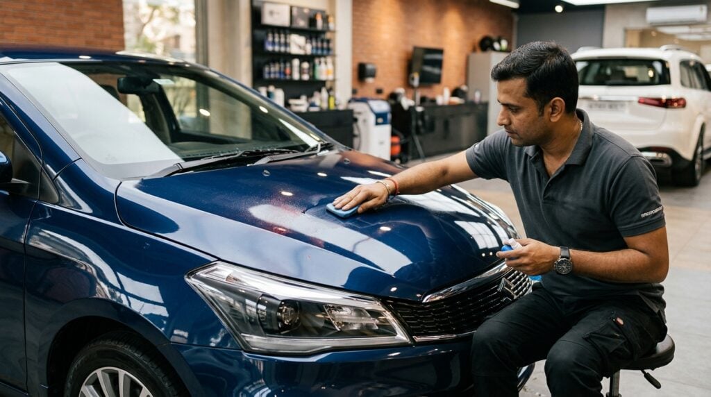 Spray paint overspray being carefully removed from a car door using detailing clay and microfiber towels.