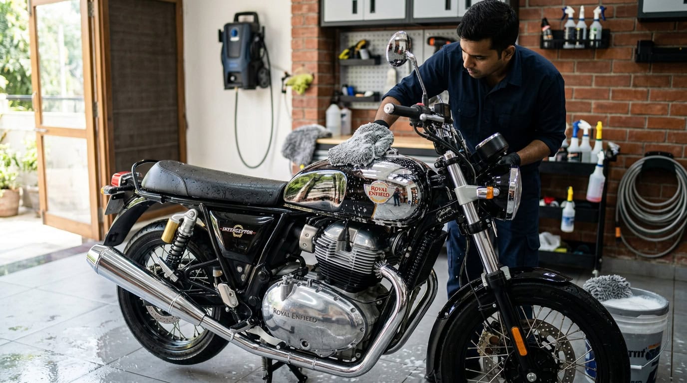 A rider washing a motorcycle at home with bucket, low-pressure water and microfiber towel