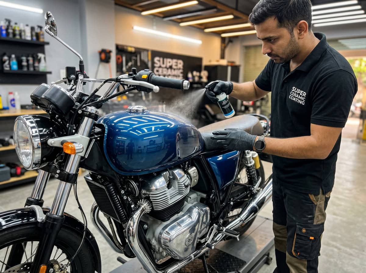A motorcycle being rinsed from top to bottom with gentle water flow in a shaded driveway