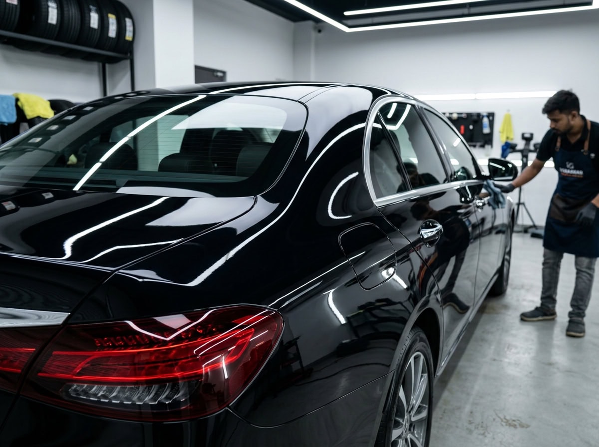 A glossy coated car panel reflecting light cleanly after a proper wash.