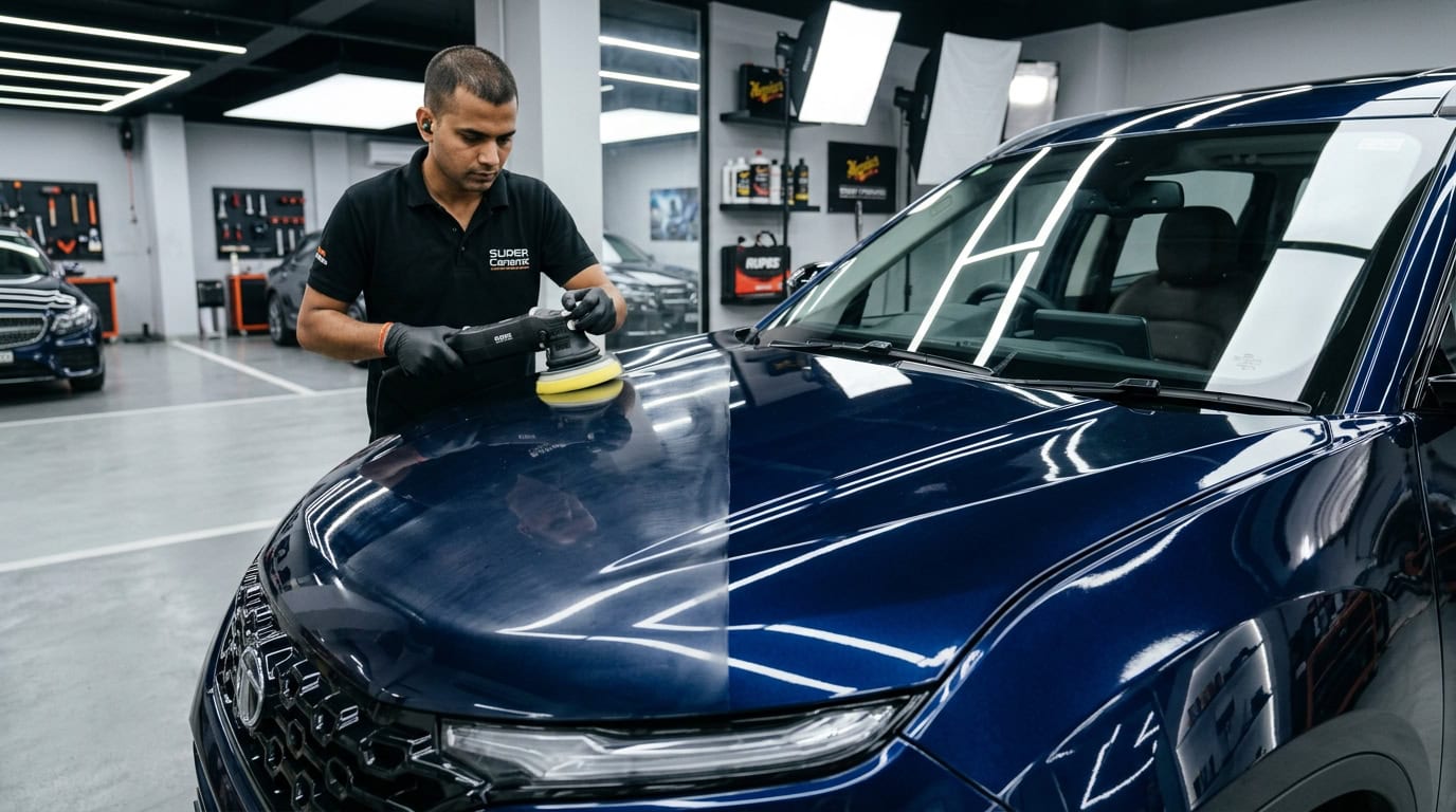 A detailer inspecting car paint under light before machine polishing for paint correction.