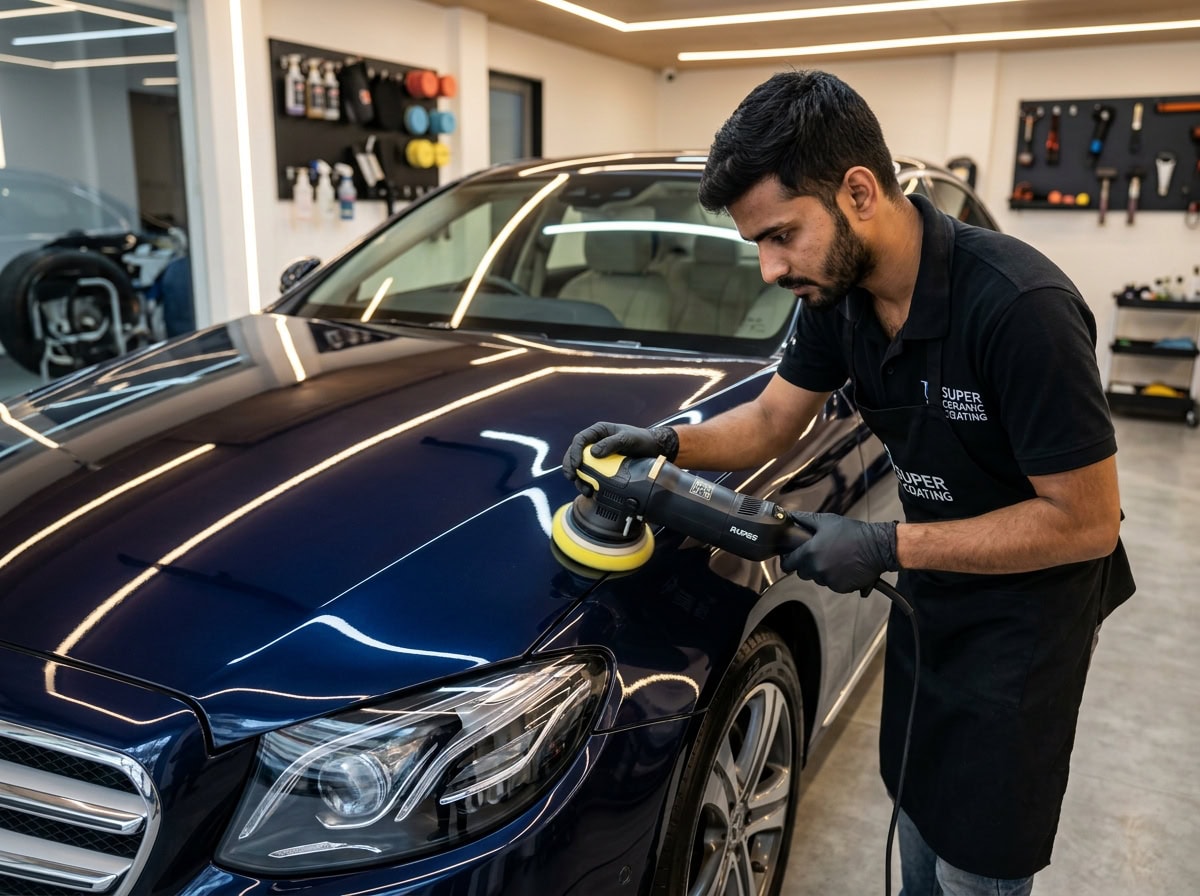Detailer wiping a corrected panel before applying paint protection.
