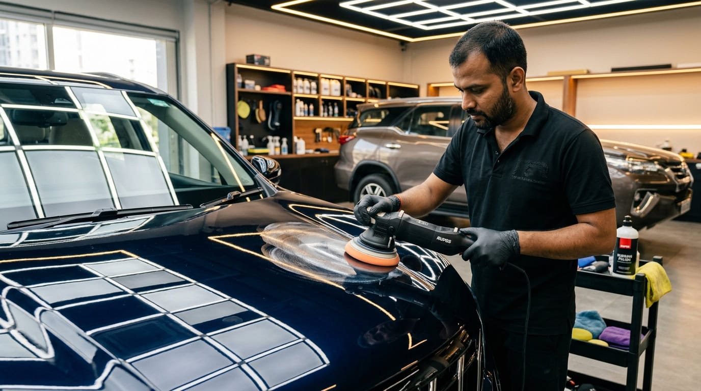 Close-up of a car detailer polishing a bonnet with a machine polisher and pad.