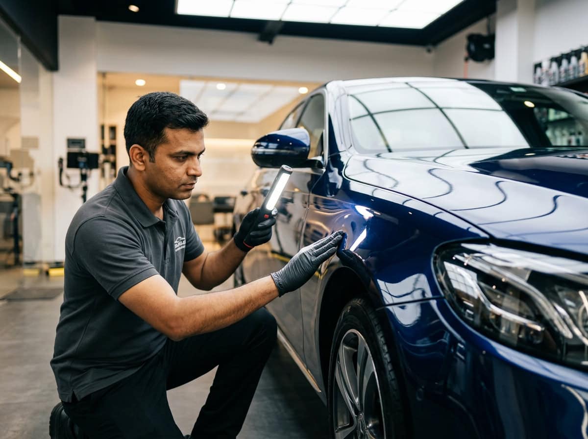 Machine polishing a car bonnet in controlled overlapping passes.