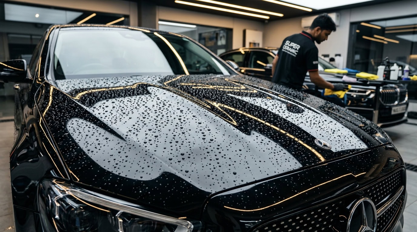 A water droplet beading tightly on a car surface, illustrating surface tension