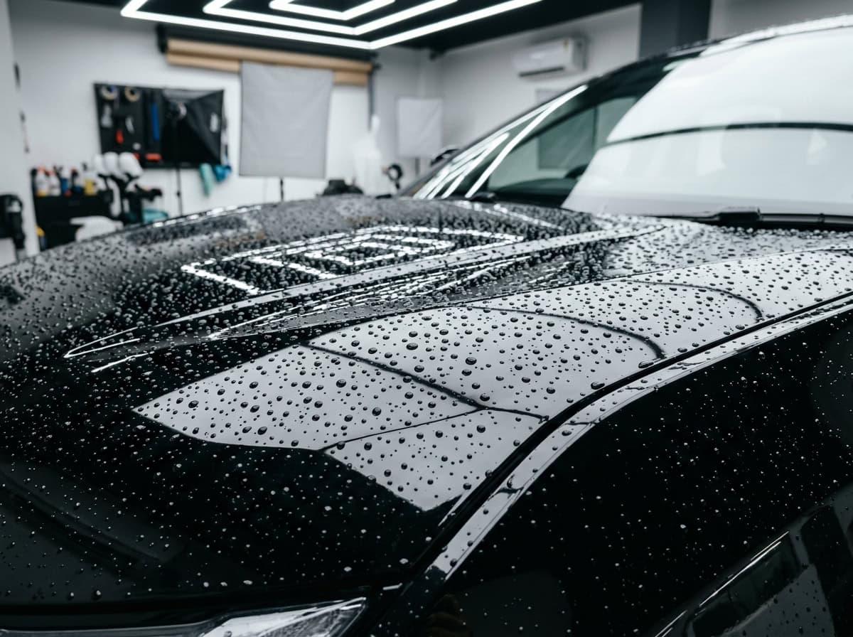 Close-up of spherical water droplets sitting on a polished car bonnet