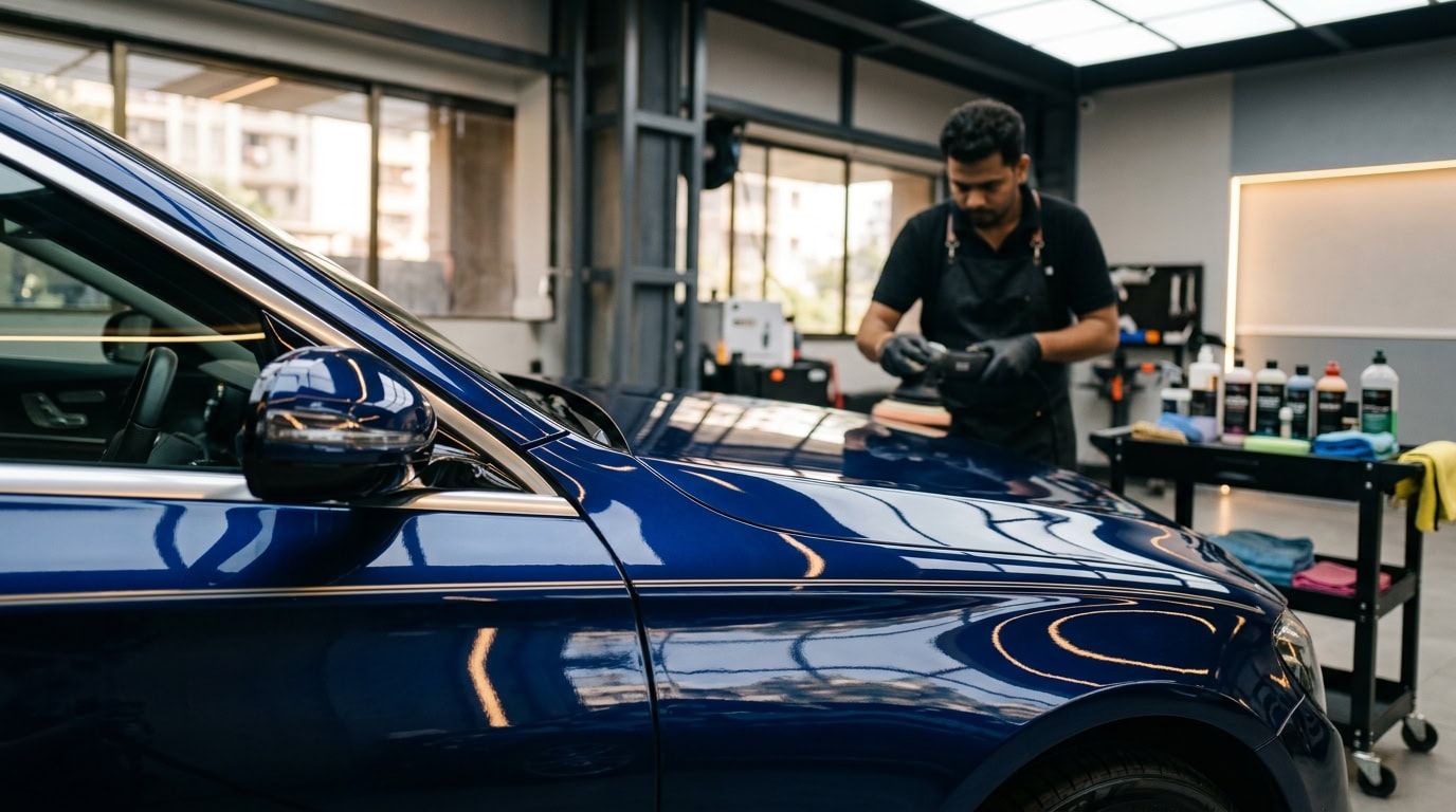 A glossy car and motorcycle in an Indian detailing studio with polishing tools laid out beside them.