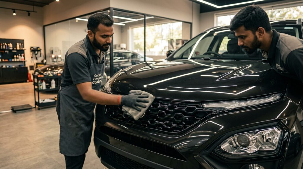 A close-up of a modern SUV front grille and headlights parked outdoors in India.