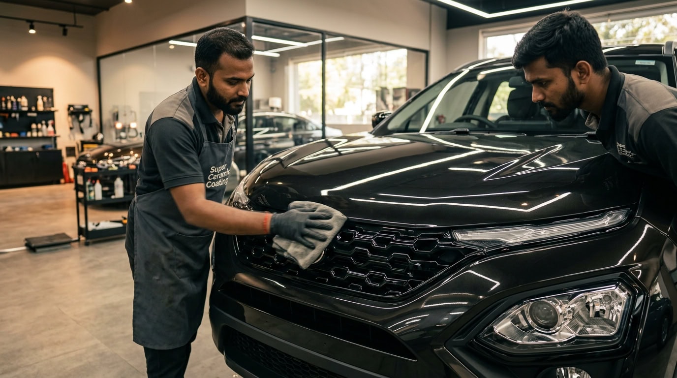 A close-up of a modern SUV front grille and headlights parked outdoors in India.