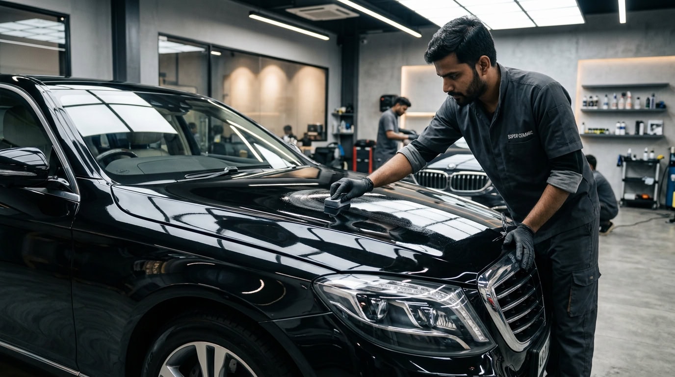 A glossy black car under studio lights showing a crystal-like reflective finish