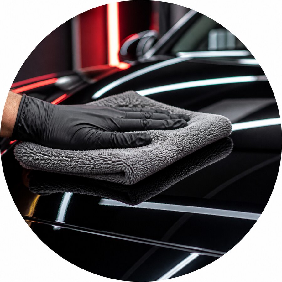 Microfiber towel buffing ceramic coating to a gloss