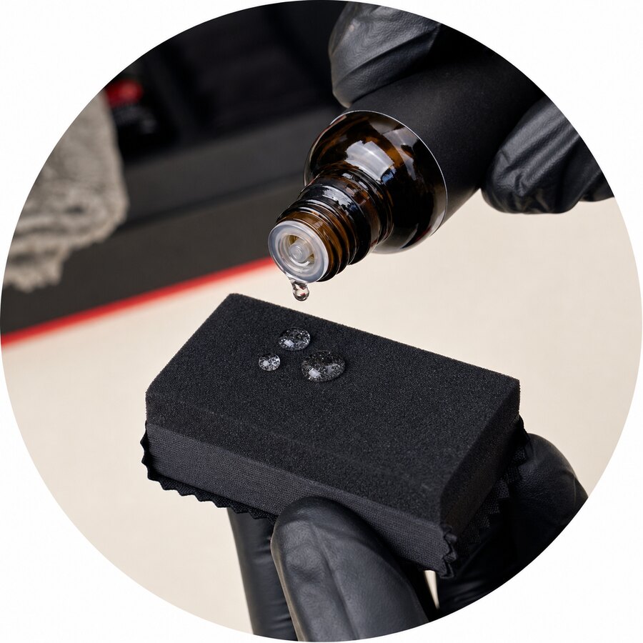 Coating drops placed on an applicator pad
